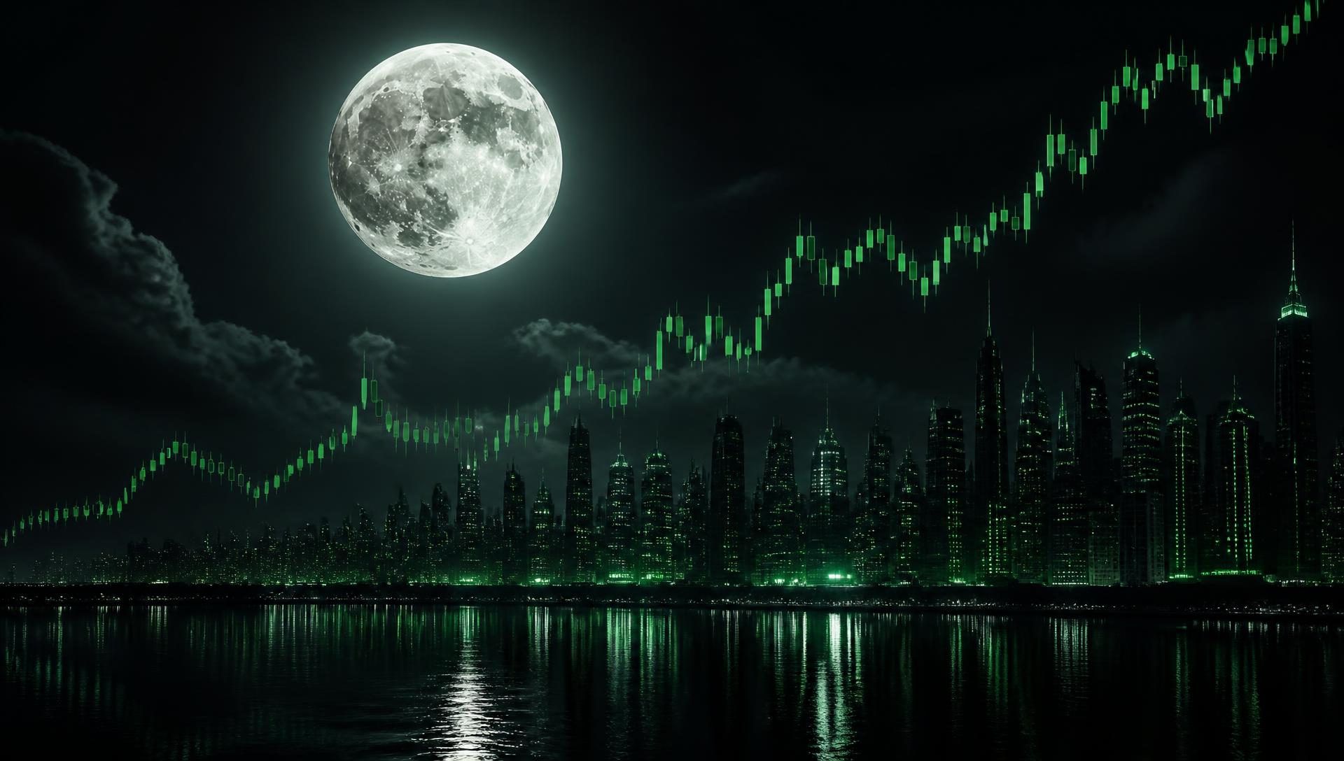 Full moon rising over a neon-lit futuristic city skyline